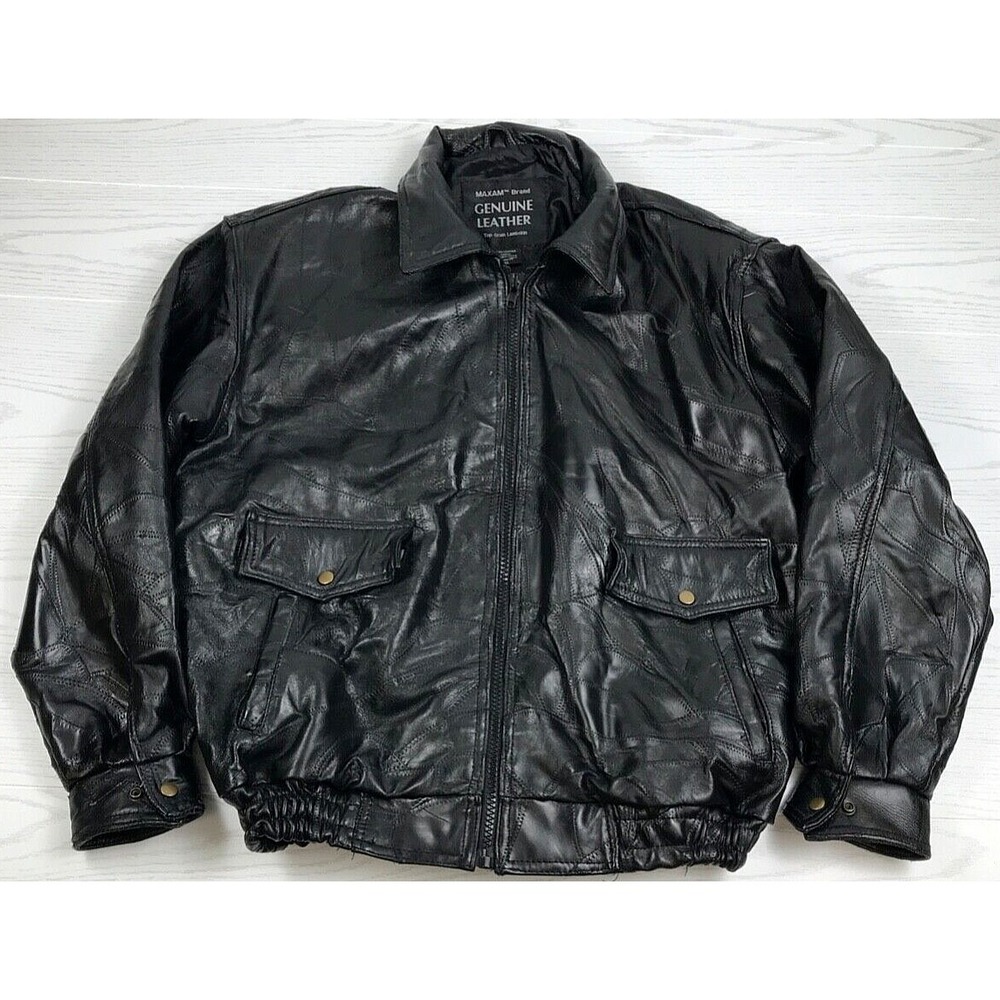 Vintage Leather Bomber Jacket Men's XL Maxam Black Patchwork Stitching Lambskin